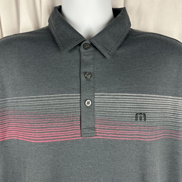 Travis Mathew Mens Polo Shirt  Size Large Gray With Pink & White Stripes - Picture 6 of 10